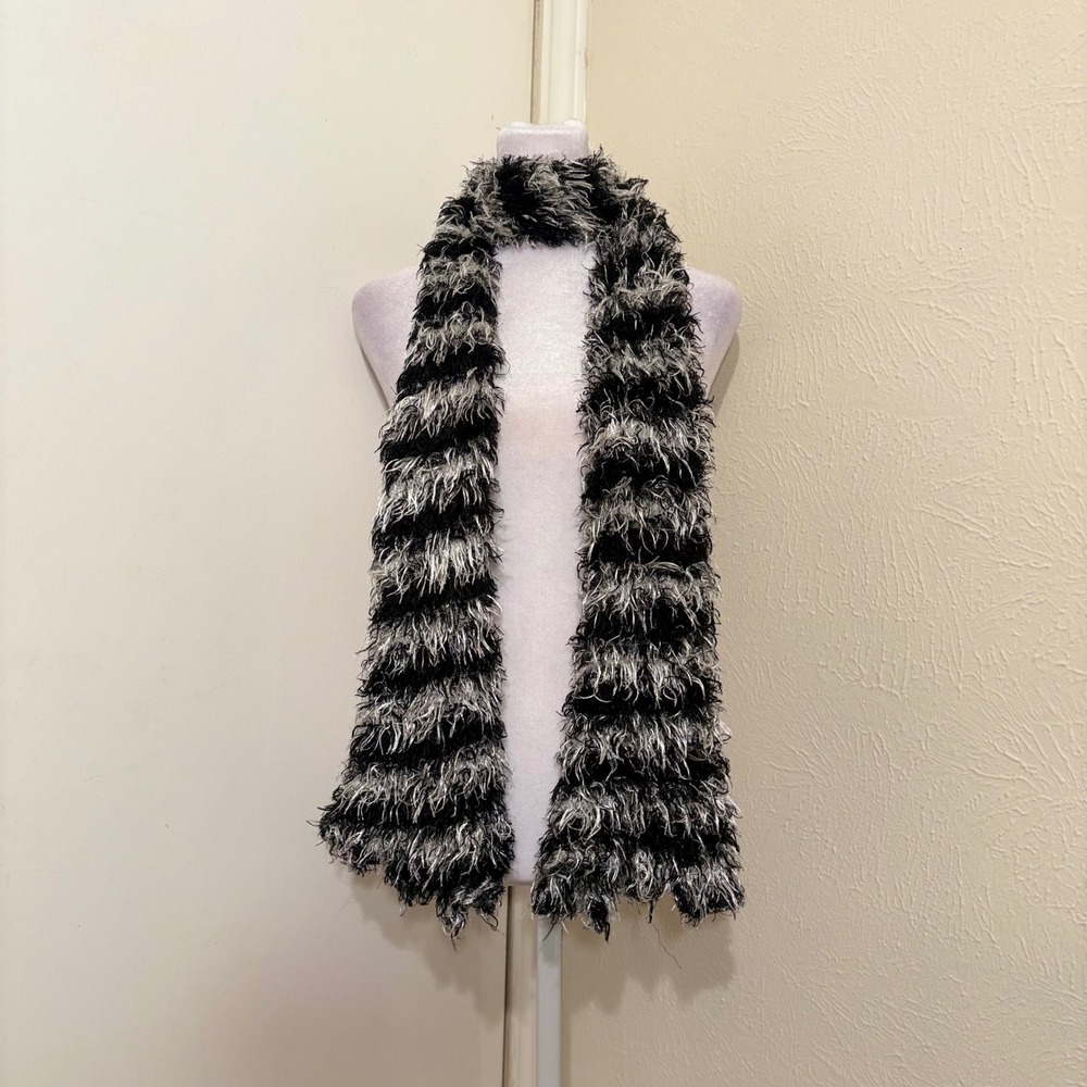 Black White Striped Shaggy Extra Long Scarf Fuzzy Winter Fall Indie Emo Y2K